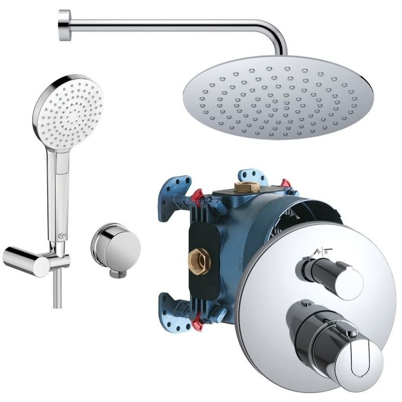 SET DUS TERMOSTAT CERATHERM 100 PROMO( A4888AA -Baterie incastrata termostatat cu doua iesiri , A1000NU - Easy-Box corp incastrat, B9448AA - conector dus, B0383MY - dus fix IdealRain Luxe, ultra slim, 20 cm, otel inox,  B9445AA - brat dus 40 cm pt fixare 